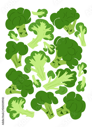 Poster of fresh green broccoli florets in a modern, minimalistic style, symbolizing healthy eating, organic food, and vegetarian lifestyle. Vector had drawn