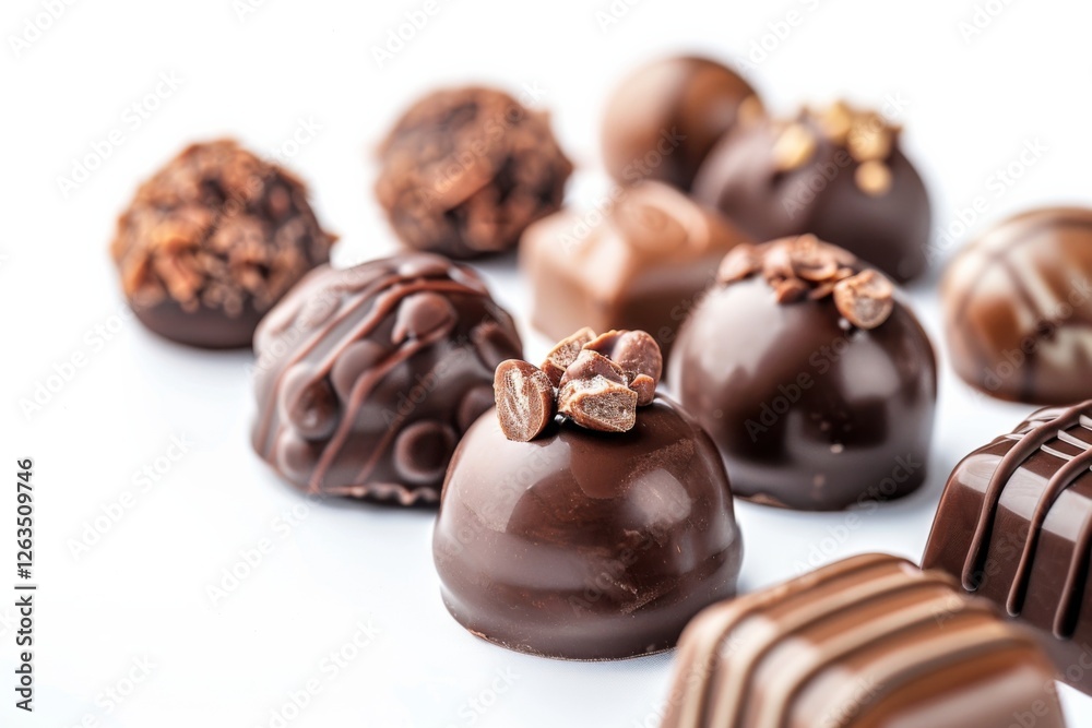Collection of chocolate candies with decorative toppings on a white background, with full depth of field, focusing on the intricate details Collection of chocolate candies with decorative toppings on a white background, with full depth of field, focusing on the intricate details