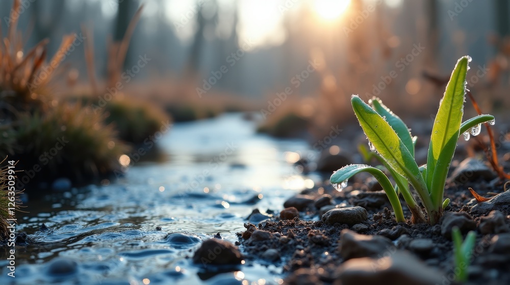 Fototapeta premium A serene landscape with a stream or river, showing the first signs of spring