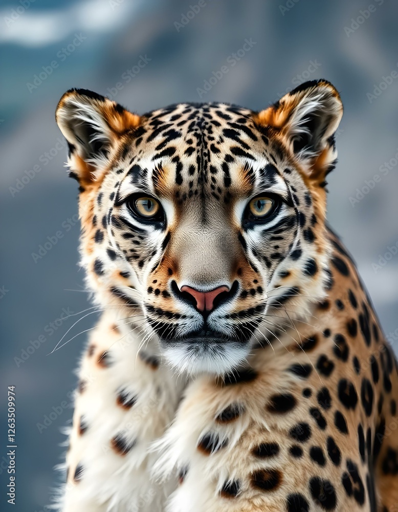 Fototapeta premium Intimate Portrait of Male Snow Leopard with Striking Features and Powerful Gaze