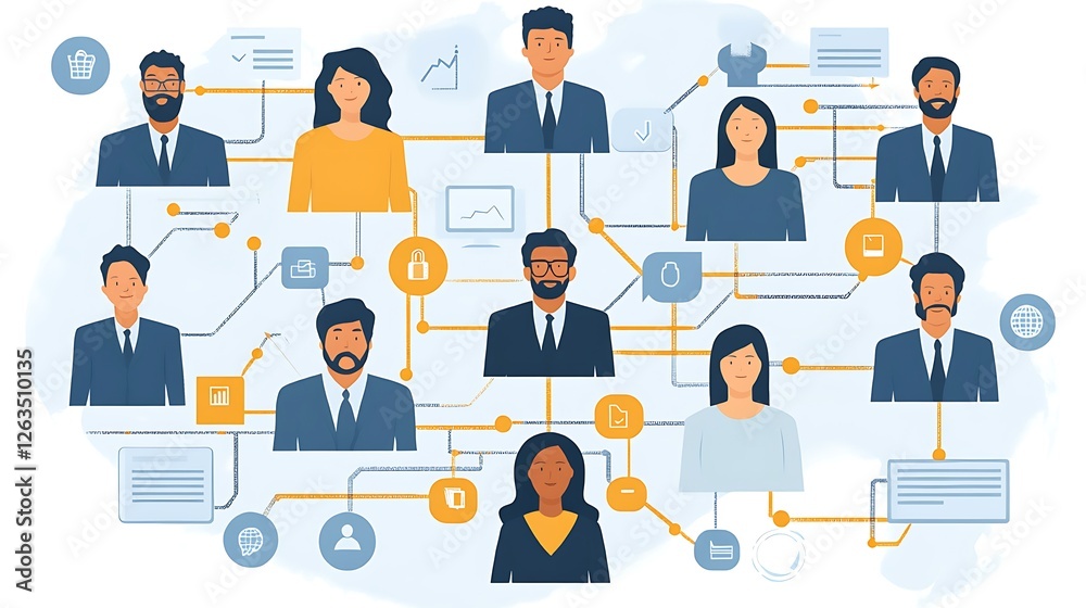 Diverse team connected by network, showing collaboration and communication.