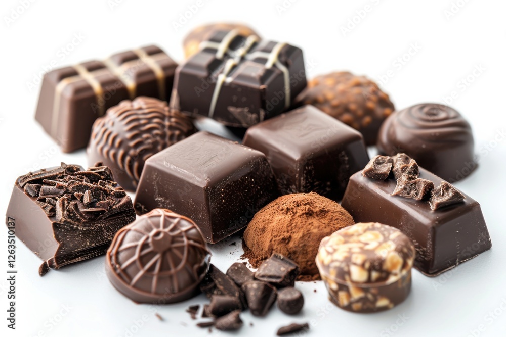 Collection of chocolate candies with decorative toppings on a white background, with full depth of field, focusing on the intricate details Collection of chocolate candies with decorative toppings on a white background, with full depth of field, focusing on the intricate details