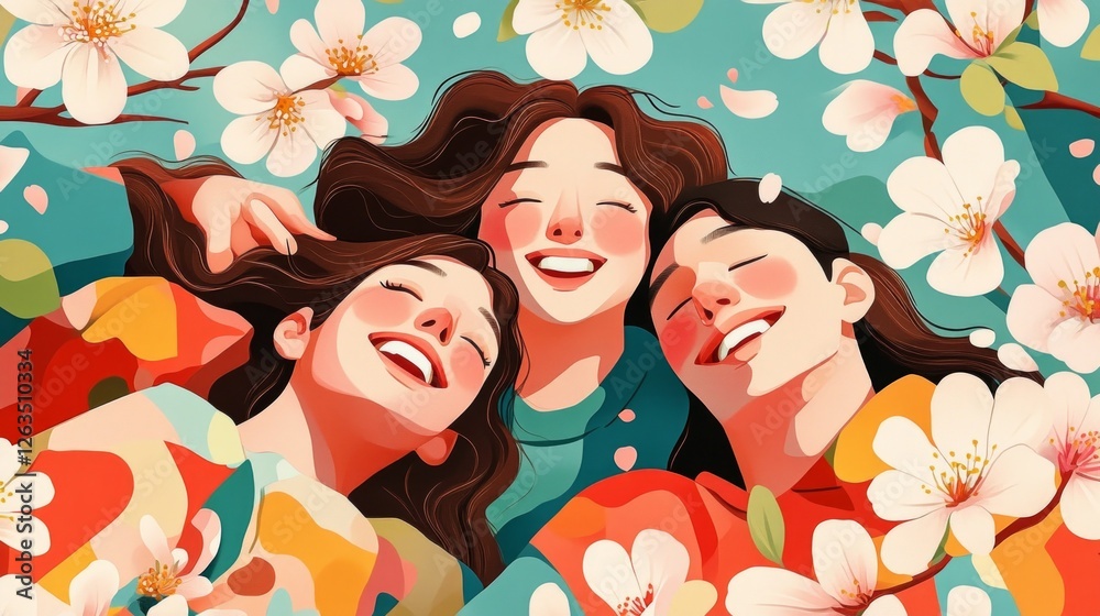 Joyful Asian women surrounded by blossoms. Joyful Asian women surrounded by blossoms.