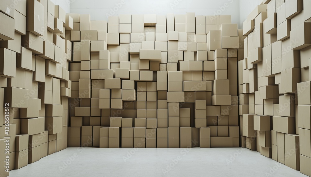 Obraz premium Stacked Cardboard Box Wall In White Room: A Commentary On Delivery, Consumerism, And Excess Production Through Mock-Up Rendering