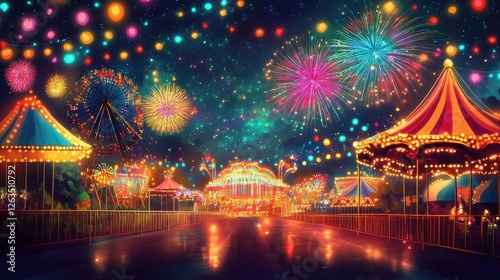 A brightly lit amusement park is aglow with fireworks