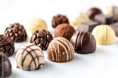 Collection of chocolate candies with decorative toppings on a white background, with full depth of field, focusing on the intricate details