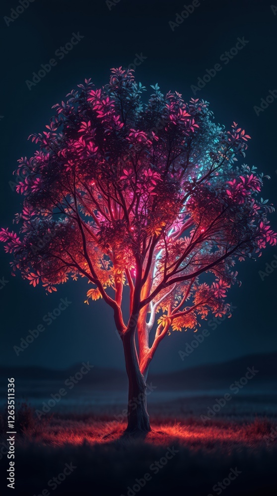 Neon illuminated tree stands tall against the twilight. Its leaves glow in shades of pink and blue.