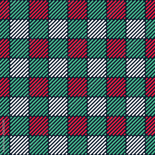 Red White and Green Plaid Seamless on Black Background, Gingham Plaid Pattern, Vector Art, Christmas Theme