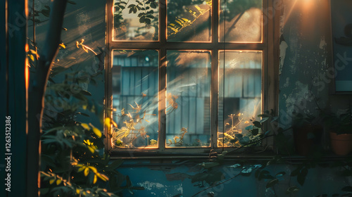 Serene view through a sunlit window adorned with plants, revealing a tranquil outdoor scene