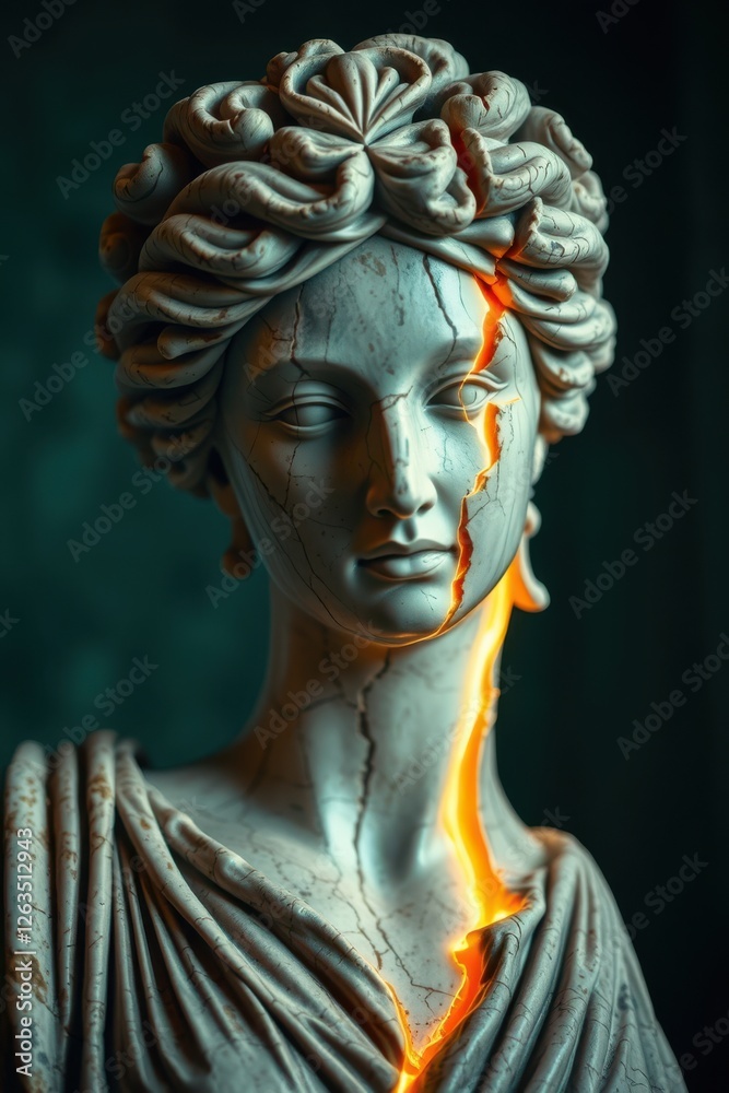 Cracked marble statue illuminated with glowing fissures, classical art meets modern digital effects. Cracked marble statue illuminated with glowing fissures, classical art meets modern digital effects.