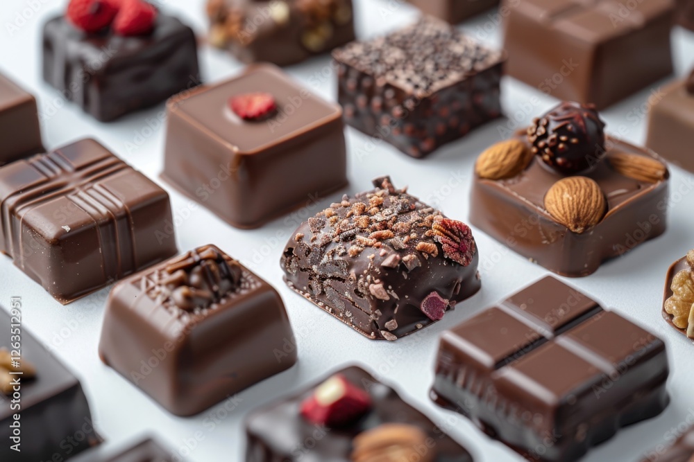 Collection of chocolate candies with decorative toppings on a white background, with full depth of field, focusing on the intricate details Collection of chocolate candies with decorative toppings on a white background, with full depth of field, focusing on the intricate details