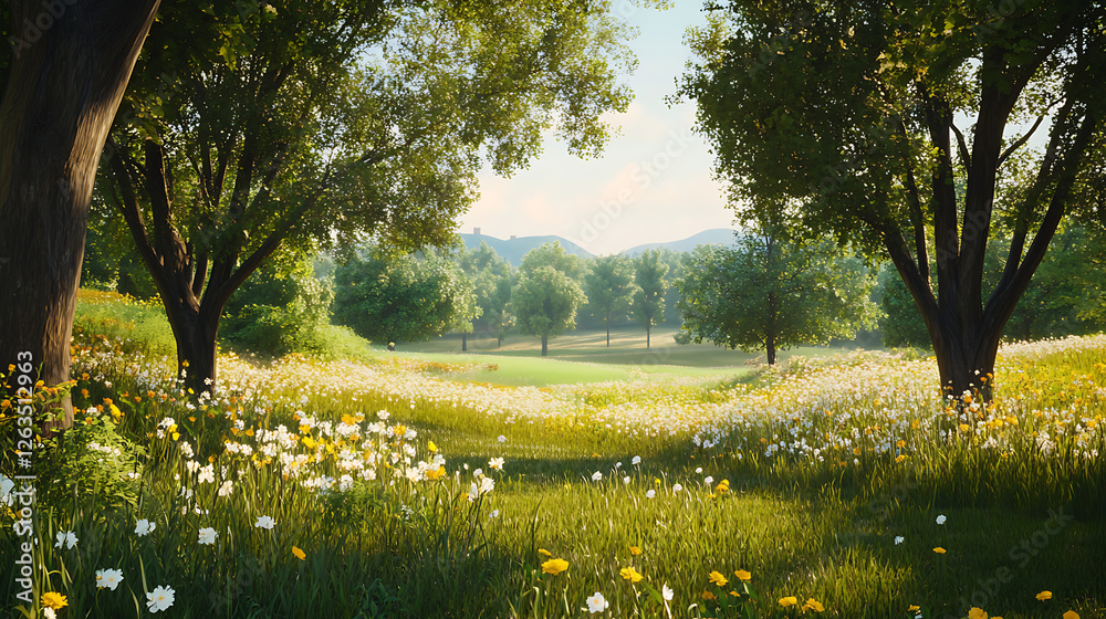 Obraz premium Flowering Meadow with Deciduous Trees and Distant Hills