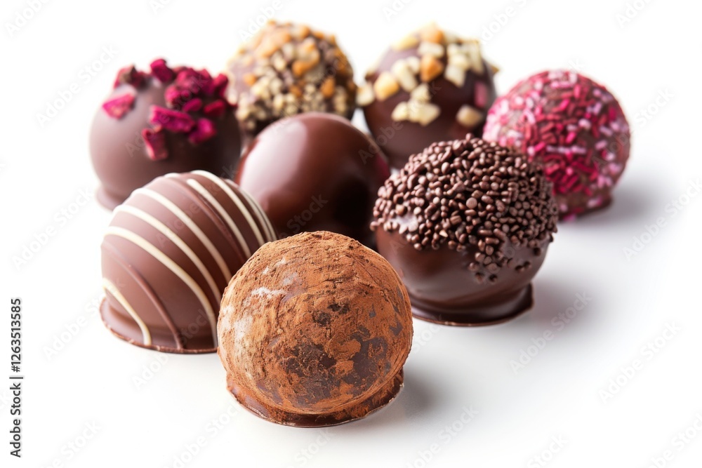 Collection of chocolate candies with decorative toppings on a white background, with full depth of field, focusing on the intricate details Collection of chocolate candies with decorative toppings on a white background, with full depth of field, focusing on the intricate details