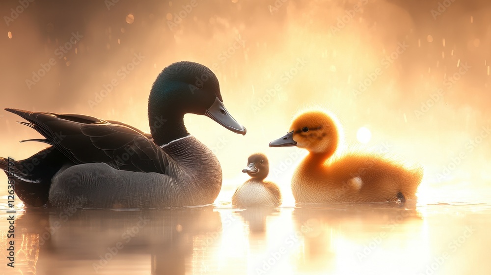 Heartwarming Sunrise: A Duck Family's Peaceful Morning on the Water, Golden Light Reflecting on Tranquil Water Heartwarming Sunrise: A Duck Family's Peaceful Morning on the Water, Golden Light Reflecting on Tranquil Water