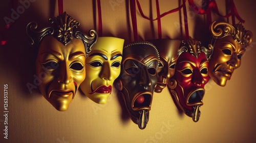 Dramatic display of theatrical masks showing different emotions, hung with ribbons, symbolizing diverse feelings.