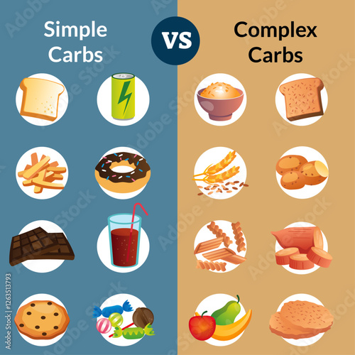 Complex carbs_and simple carbohydrates comparison_and explanation diagram_Educational scheme_with healthy nutrition food_lifestyle