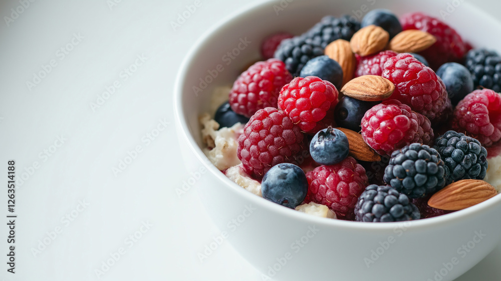 A simple bowl of oatmeal topped with fresh berries and nuts, placed on a clean white surface with text space above. A simple bowl of oatmeal topped with fresh berries and nuts, placed on a clean white surface with text space above.
