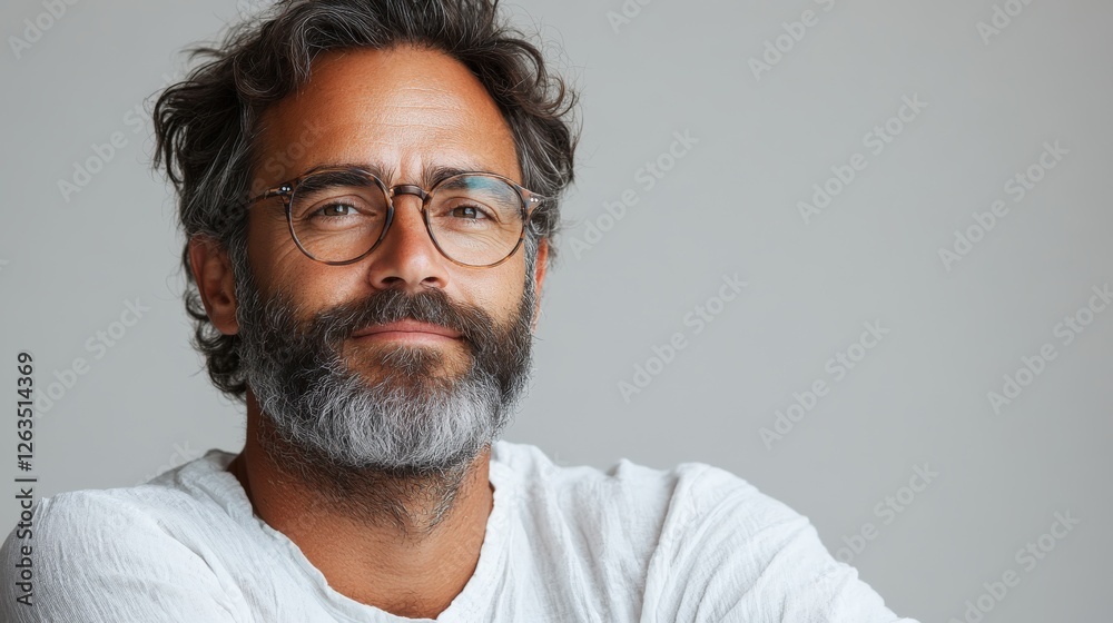 Fototapeta premium Thoughtful smiling european man with dark beard on solid background representing equality