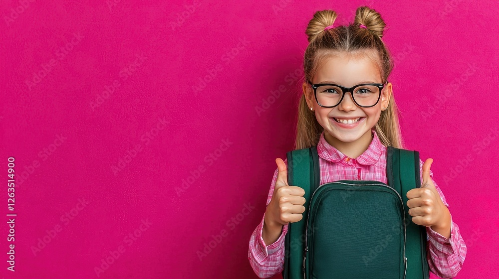 Excited girl with glasses and backpack school setting smiling portrait bright pink background cheerful concept Excited girl with glasses and backpack school setting smiling portrait bright pink background cheerful concept