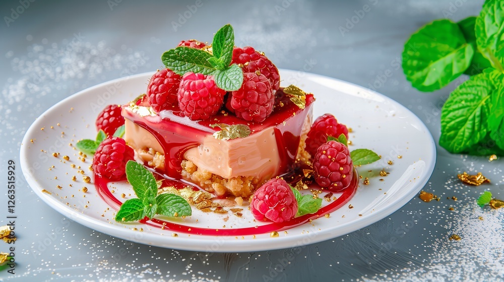 Elegant Raspberry Chocolate Cake Dessert with Mint Sprigs on a White Plate Elegant Raspberry Chocolate Cake Dessert with Mint Sprigs on a White Plate