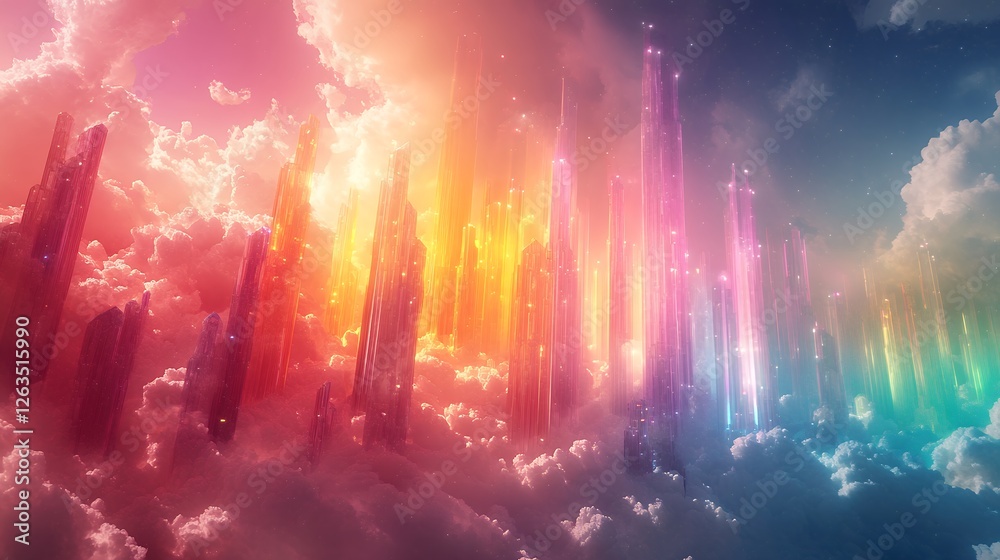 Fototapeta premium Ethereal Cityscape with Colorful Towers Amidst Dreamy Clouds