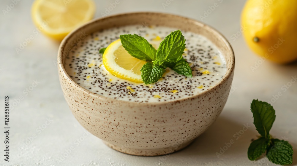 A rustic ceramic bowl filled with honey-lemon chia pudding, garnished with fresh mint leaves, positioned on a neutral beige background A rustic ceramic bowl filled with honey-lemon chia pudding, garnished with fresh mint leaves, positioned on a neutral beige background