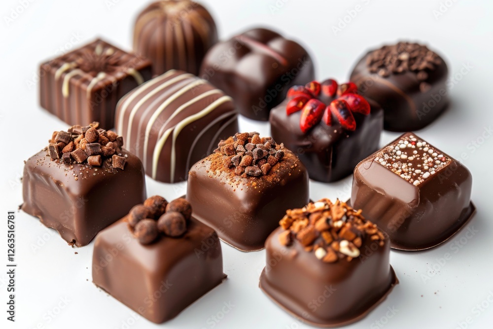 Collection of chocolate candies with decorative toppings on a white background, with full depth of field, focusing on the intricate details