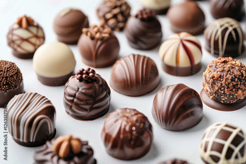 Collection of chocolate candies with decorative toppings on a white background, with full depth of field, focusing on the intricate details Collection of chocolate candies with decorative toppings on a white background, with full depth of field, focusing on the intricate details
