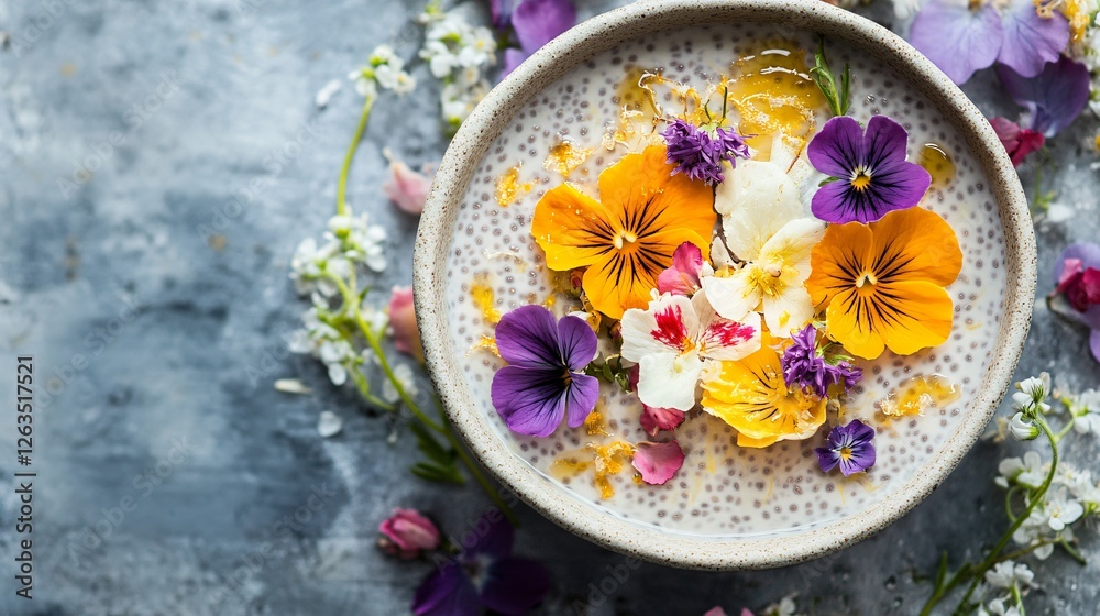 A whimsical artistic scene featuring honey-lemon chia pudding styled as a delicate floral arrangement, with edible flowers and honey-drizzled petals A whimsical artistic scene featuring honey-lemon chia pudding styled as a delicate floral arrangement, with edible flowers and honey-drizzled petals