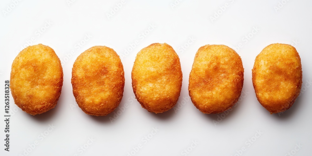 Golden-brown croquettes in a harmonious row on a pristine white surface, showcasing varied sizes with the left-most delicately larger, inviting an irresistible touch of elegance Golden-brown croquettes in a harmonious row on a pristine white surface, showcasing varied sizes with the left-most delicately larger, inviting an irresistible touch of elegance
