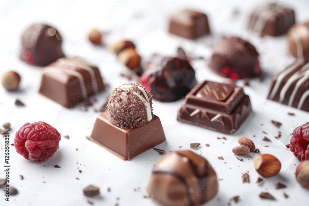Collection of chocolate candies with decorative toppings on a white background, with full depth of field, focusing on the intricate details