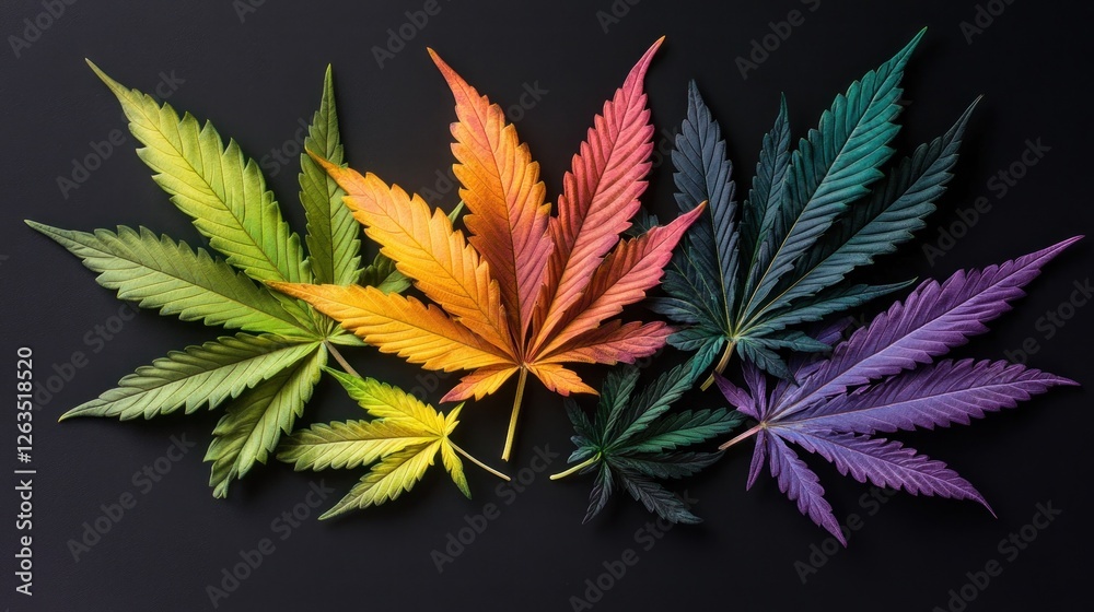 Colorful cannabis leaves arranged in a rainbow pattern on a black background. Colorful cannabis leaves arranged in a rainbow pattern on a black background.