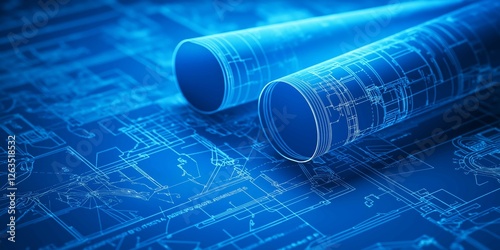 Futuristic glowing blueprints create an abstract composition showcasing intricate industrial designs for modern innovation and technology