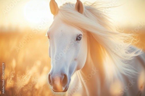 Close-up photo of beautiful white horse with blue eyes and a lush mane against a sunset background.