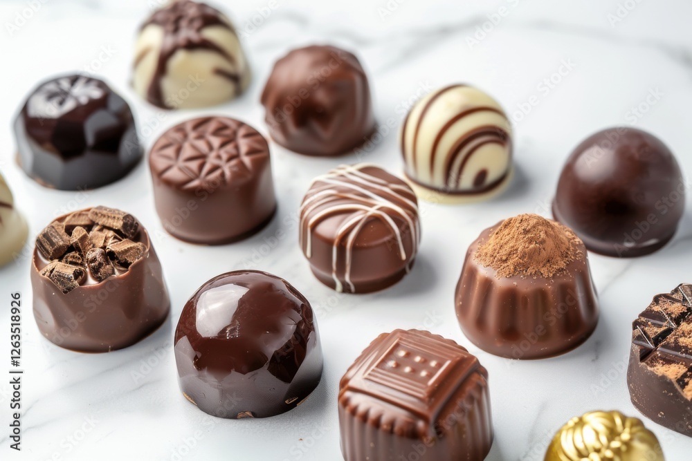 Collection of chocolate candies with decorative toppings on a white background, with full depth of field, focusing on the intricate details Collection of chocolate candies with decorative toppings on a white background, with full depth of field, focusing on the intricate details