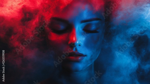 Ethereal Portrait of Woman Surrounded by Colorful Smoke at Night