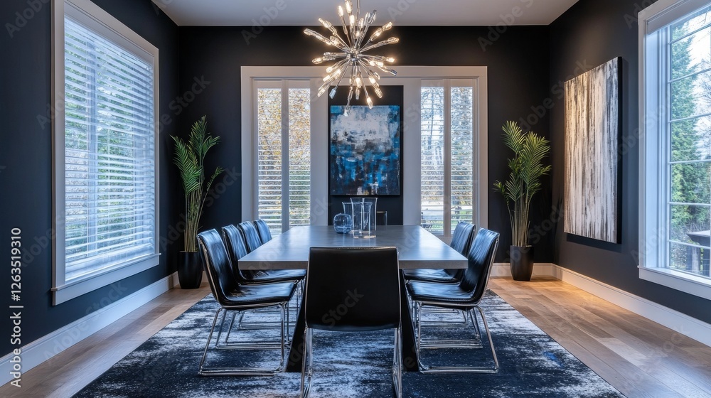 Fototapeta premium Long black dining room table with black and wooden chairs standing in a black room. 3d rendering mock up