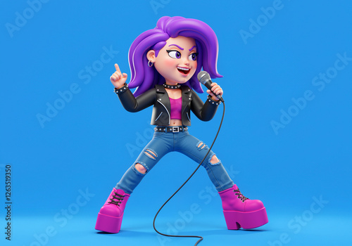 Superstar rock girl passionately singing on her microphone - isolated on blue background 3D cartoon