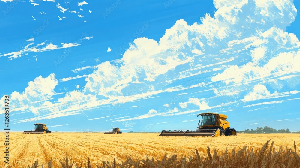 Fototapeta premium Golden Harvest Under a Summer Sky: A Peaceful Farmland Scene