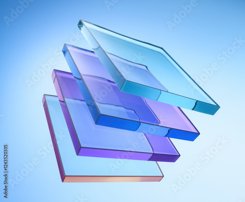 3d abstract glass transparent square shapes flying on black background render. Iridescent crystal plates, acrylic or plastic panels with light hologram gradient, digital tech banner. 3D illustration