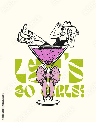 Texas Cowgirl in martini drink glass illustration, Hand drawn cocktail glass with cheering bachelorette girl,  Hen party doodle drawing for apparel, invitations, branding and web design