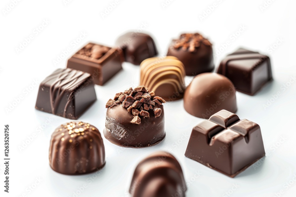Collection of chocolate candies with decorative toppings on a white background, with full depth of field, focusing on the intricate details Collection of chocolate candies with decorative toppings on a white background, with full depth of field, focusing on the intricate details