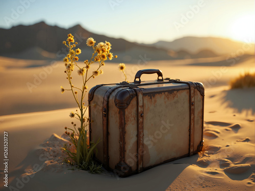 Vintage Suitcase on Desert Sand Dune with Wildflowers at Sunset Golden Hour photo