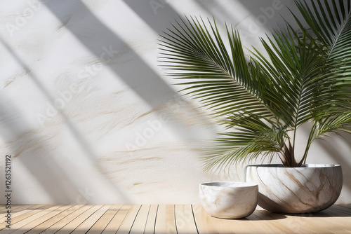 Pared blanca y cuenco de mármol , luz solar suave y hermosa, sombra de hojas de follaje de palma tropical en la pared para cosméticos orgánicos de higiene de lujo, cuidado de la piel, fondo