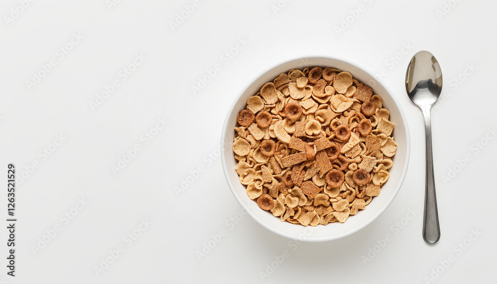 A white bowl filled with crunchy breakfast cereal on a white background. A white bowl filled with crunchy breakfast cereal on a white background.
