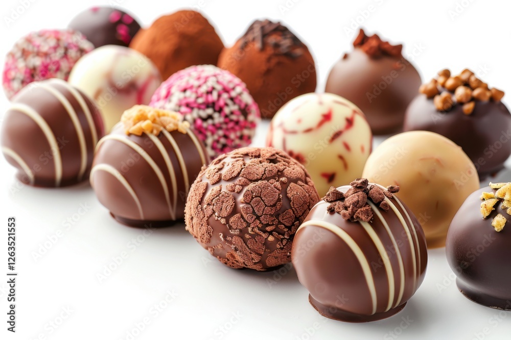 Collection of chocolate candies with decorative toppings on a white background, with full depth of field, focusing on the intricate details Collection of chocolate candies with decorative toppings on a white background, with full depth of field, focusing on the intricate details