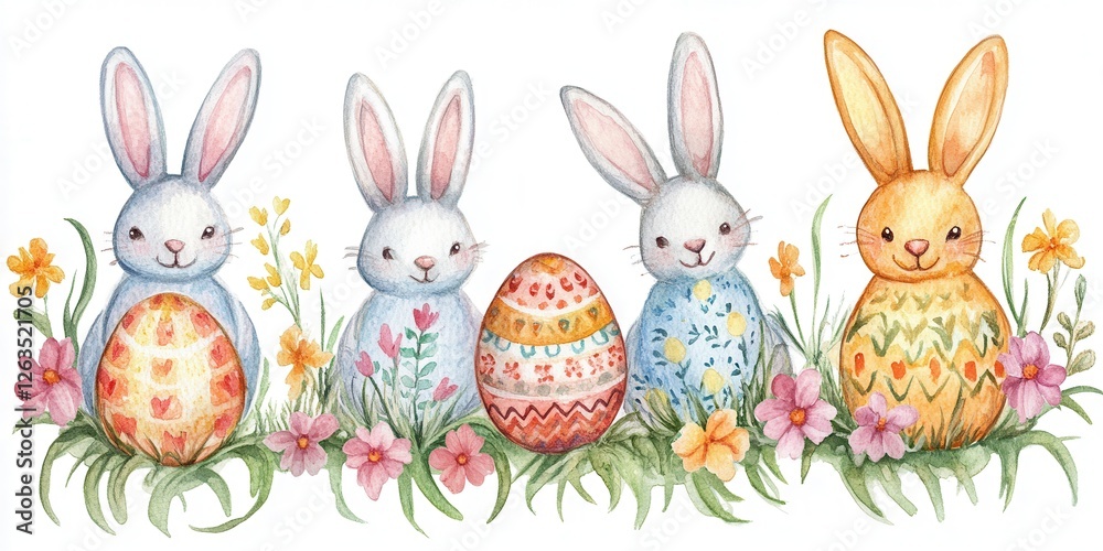 Three bunnies sit in a row next to colorful painted eggs, surrounded by vibrant flowers, creating a cheerful spring scene. Three bunnies sit in a row next to colorful painted eggs, surrounded by vibrant flowers, creating a cheerful spring scene.