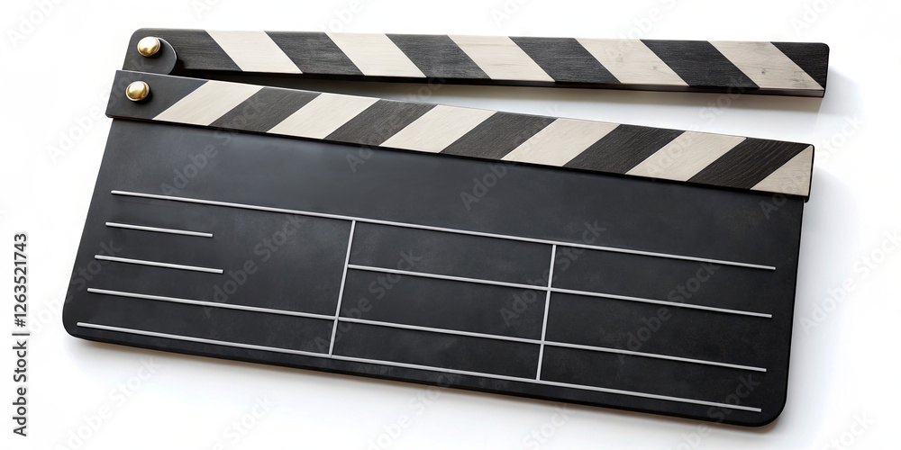 Fototapeta premium A clapperboard sits on a clean surface, ready for the next take in a film studio. The classic black and white design is iconic in the movie-making industry