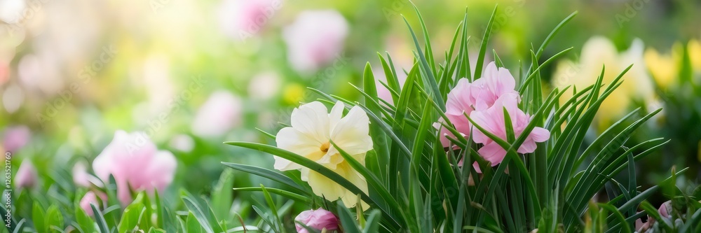 Fototapeta premium Soft-focus spring garden with pink and yellow flowers glowing in sunlight