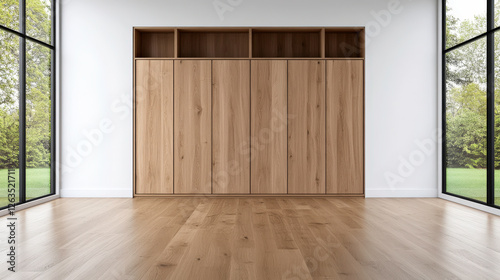 Modern minimalist interior showcases spacious wooden cabinet against bright windows with outdoor greenery providing a serene atmosphere and natural light